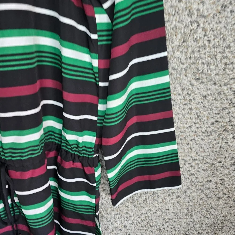 Michael‎ Kors Top Womens Large Black Green Striped V Neck Blouse Semi Sheer